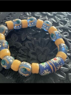 Artisan African Handmade Ceramic Glass Bead Elastic Bracelet. Blue Yellow